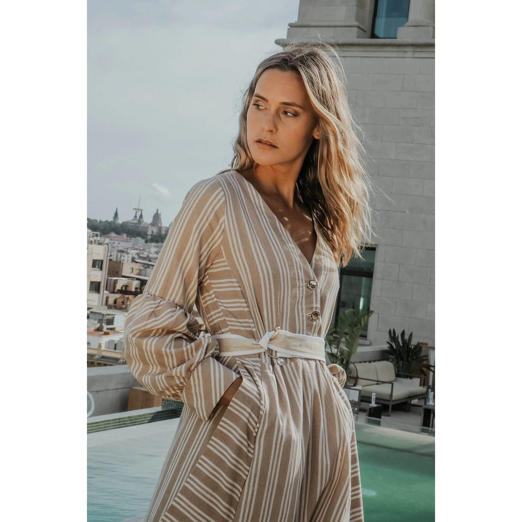 Striped beige dress fitted to your shape