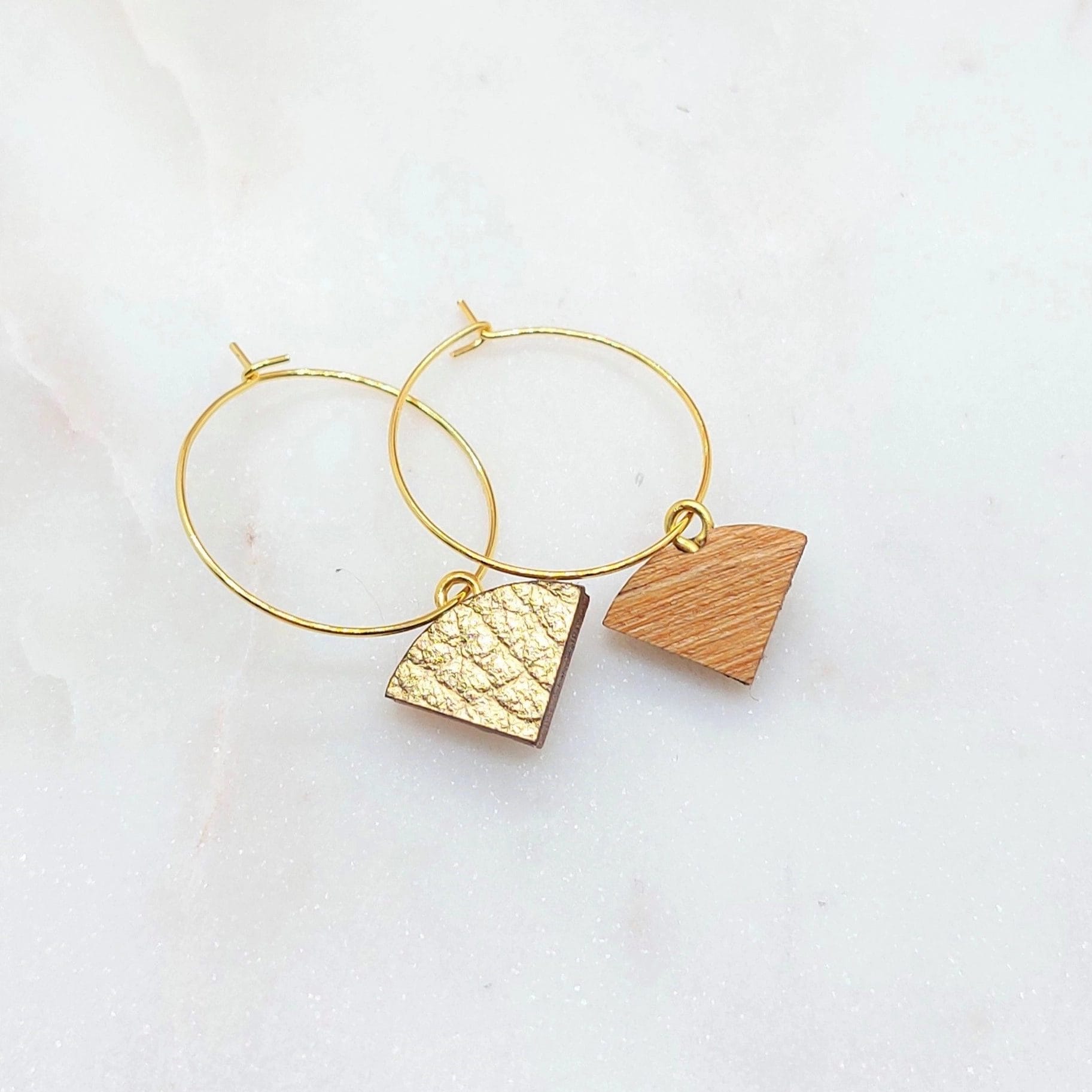 Golden Leather with wood hoop earrings