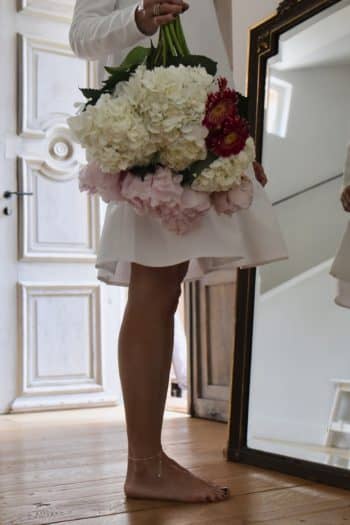 long white dress with pretty V-neck and froufrou