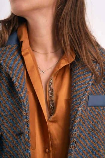 Blue and camel wool jacket with blue leather finitions